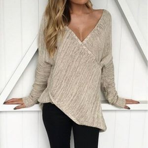 3 for $15🌿Oatmeal deep plunge, cross wrap sweater